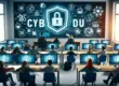 Concept d'éducation numérique avec des étudiants apprenant la cybersécurité dans un cadre moderne.