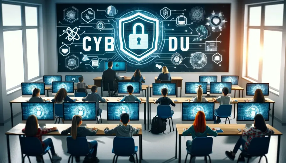 Concept d'éducation numérique avec des étudiants apprenant la cybersécurité dans un cadre moderne.