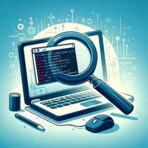 Illustration d'une loupe sur un écran d'ordinateur affichant des lignes de code, représentant la recherche avancée de fichiers et d'informations sur Linux.