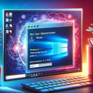 Illustration numérique montrant l'écran de connexion de Windows 10 avec une fenêtre d'invite de commandes pour réinitialiser le mot de passe administrateur, symbolisant le processus de récupération de compte Windows.
