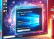 Illustration numérique montrant l'écran de connexion de Windows 10 avec une fenêtre d'invite de commandes pour réinitialiser le mot de passe administrateur, symbolisant le processus de récupération de compte Windows.