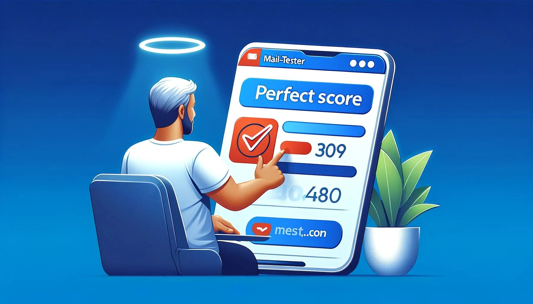 A digital illustration of a person sending an email and checking its score on Mail-Tester.com, displaying a perfect score, in a professional and moder Utilisation de Mail-Tester.com pour optimiser les emails