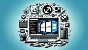 Illustration numérique d'un ordinateur Windows avec des icônes de mise à jour de logiciels et un symbole de fichier .bat, symbolisant les mises à jour automatiques via Winget.