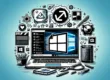 Illustration numérique d'un ordinateur Windows avec des icônes de mise à jour de logiciels et un symbole de fichier .bat, symbolisant les mises à jour automatiques via Winget.