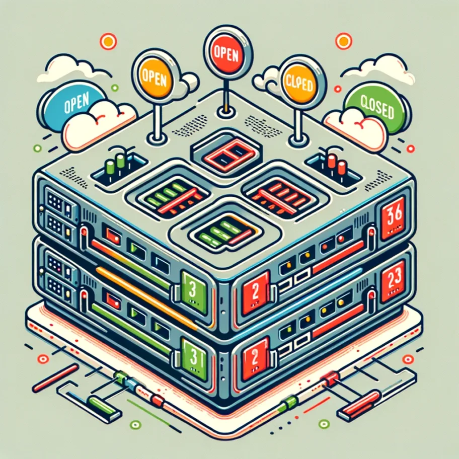 Illustration simplifiée d'un serveur montrant des ports ouverts en vert et des ports fermés en rouge sur fond neutre.