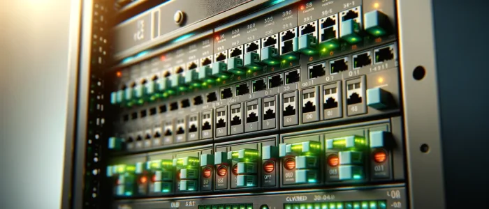 Vue réaliste d'un rack de serveur en format large, montrant des ports numérotés avec des indicateurs lumineux verts pour les ports ouverts et rouges pour les ports fermés, sur fond flou pour mettre en valeur le matériel informatique.